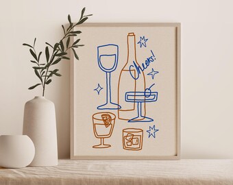 Puede incluir: Una ilustración enmarcada de una botella de vino, una copa de vino, una copa de cóctel y un vaso de whisky. La ilustración está hecha en líneas azules y naranjas sobre un fondo beige. El texto "Cheers!" está escrito en cursiva azul.