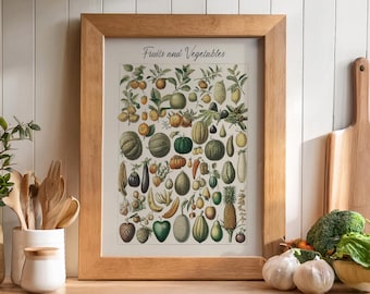 Vintage keukenmuurkunst, groenten- en fruitgrafiek, digitale download