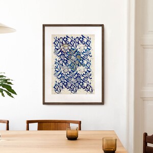 May include: A framed print of a blue and white floral pattern. The pattern features stylized flowers and leaves in a repeating design.