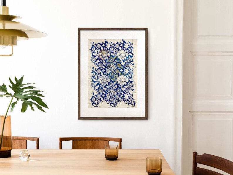 May include: A framed print of a blue and white floral pattern. The pattern features stylized flowers and leaves in a repeating design.