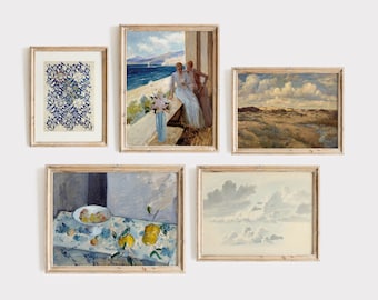 Conjunto de pared de galería, conjunto de 5 impresiones vintage, pintura de paisaje, conjunto de impresiones azules