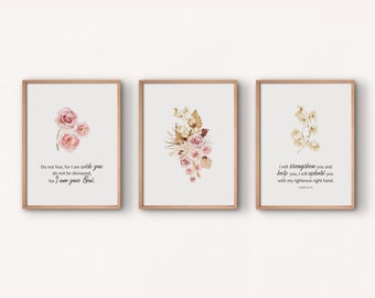 Bijbelvers Wall Art Set van 3 afdrukbare Jesaja 41:10 Floral aquarel kunst aan de muur