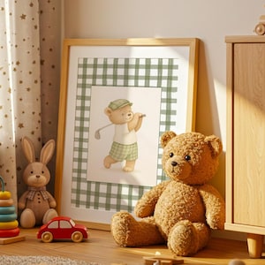 Vintage-style nursery wall art set with soft watercolor golf bears and green plaid backgrounds for a baby boy room.