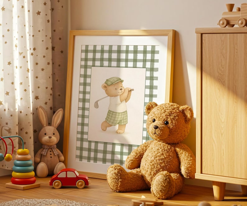 Vintage-style nursery wall art set with soft watercolor golf bears and green plaid backgrounds for a baby boy room.