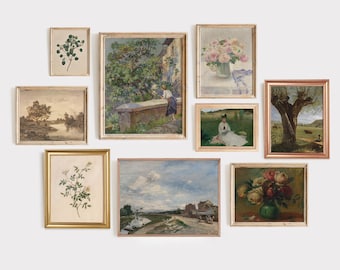 Gallery Wall Art Set | Vintage Cottage Landscape Prints | Floral Botanical Decor | Digital Download