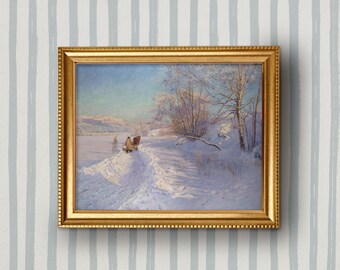 Winter Landscape Vintage Printable Wall Art, Christmas Print, Snowy Horse Sleigh Painting, Rustic Holiday Decor