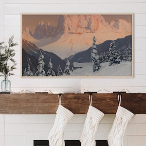 Samsung Frame TV Art Winter Landscape Painting, Snowy Mountain Vintage Art, Christmas Decor