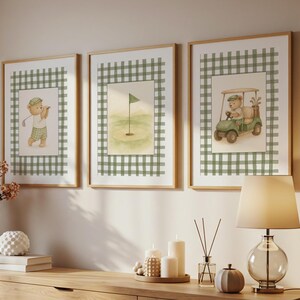 Vintage-style neutral nursery wall art set with soft watercolor golf teddy bears and green plaid backgrounds for a baby boy room.