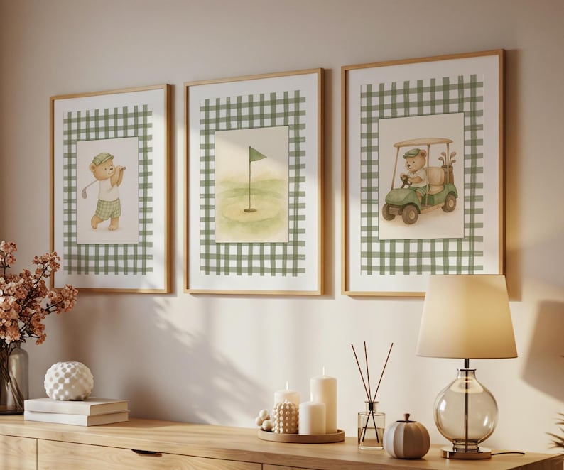 Vintage-style neutral nursery wall art set with soft watercolor golf teddy bears and green plaid backgrounds for a baby boy room.