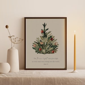 Christmas Tree Printable Wall Art, Christmas Scripture John 1:9, Christian Winter Home Decor, Digital Download, Bible Verse Print