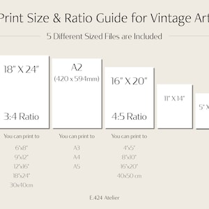 May include: A chart showing different print sizes and ratios for vintage art. The chart includes five different sizes: 18" x 24", 16" x 20", 11" x 14", 5" x 7", and A2 (420 x 594mm). The chart also includes the corresponding print sizes for each ratio.