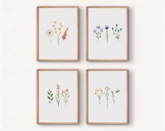 Floral Gallery Wall Set of 4, Printable Botanical Wall Art, Watercolor Dandelion Print