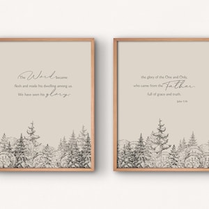 Printable Wall Art Christmas Set of 2, Bible Verse, John 1:14, Winter Print
