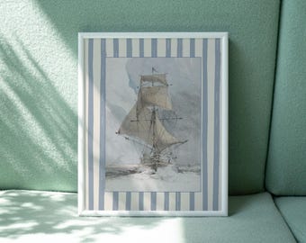 Sailboat Nursery Wall Art | Nautical Printable | Blue Striped Decor | Digital Download