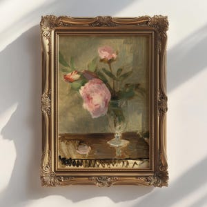 Natura morta con rose, dipinto vintage / Fiori rosa, arte murale stampabile / Download digitale / Decorazione fattoria