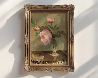 Rose Still Life Vintage Painting | Pink Flowers Printable Wall Art | Digital Download | Farmhouse Decor