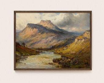 Dipinto di paesaggio vintage con lago e montagna, arte murale stampabile, download immediato