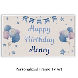 Birthday Frame TV Art Custom, Personalized Birthday Art, Blue Themed, Party Balloon