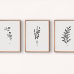 Black and White Wall Art SET of 3, Flower and Plant Line Art, Minimalist Wall Art, Modern Gallery Wall Art Printable Digital Print