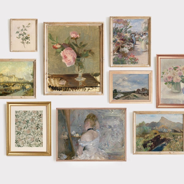 Vintage Gallery Wall Set of 9, European Vintage Floral Art Home Decor, Digital Download