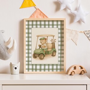 Set of three nursery prints featuring a teddy bear golfer, golf flag, and golf cart on green gingham backgrounds.