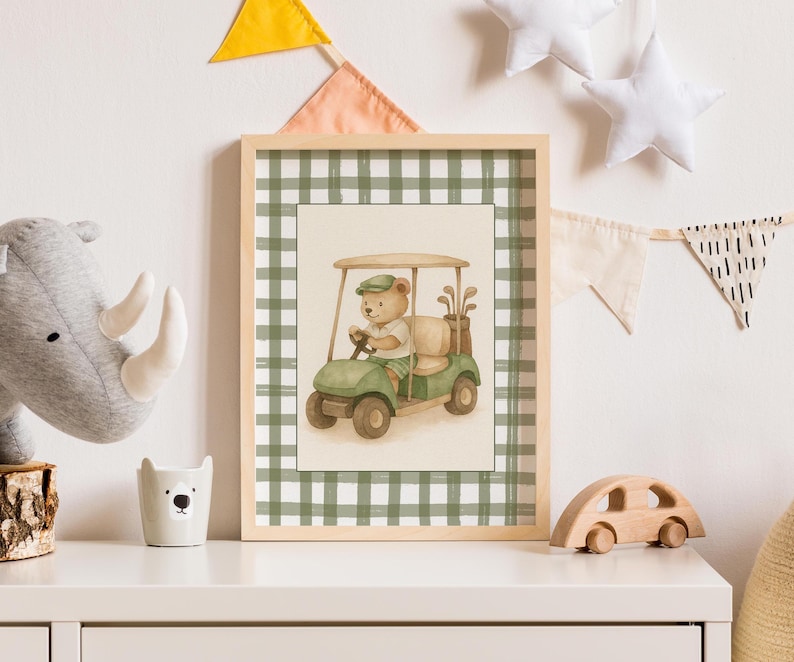 Set of three nursery prints featuring a teddy bear golfer, golf flag, and golf cart on green gingham backgrounds.