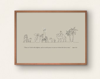 Nativity Wall Art Printable Christmas Print Horizontal, Birth of Jesus Minimalist Line Art, Luke 2:14