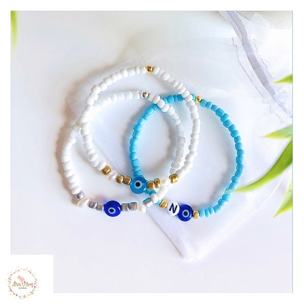 Evil Eye and Freshwater Pearls Personalized Beaded Bracelet | Personalized Initial Bracelet | Evil Eye Bracelet | Personalized Eye Bracelet