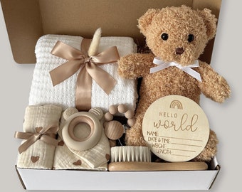 New Baby Gift Box Baby Shower Newborn Boy Girl Basket, New Mom Essentials Luxury Postpartum Box Congrats Expectant Parents To Be, Teddy Bear