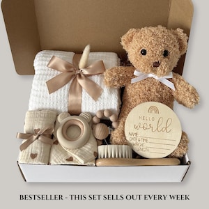 New Baby Gift Box Baby Shower Newborn Basket, Expectant Mom Dad Gift, First Pregnancy Congrats New Parents Gender Reveal Teddy Bear Set Kit