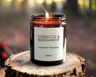 Tobacco Bergamot Candle Green Woodsy Masculine Scent, Modern Minimalist Luxury Farmhouse Home Decor Scented Essential Oil Infused, Amber Jar