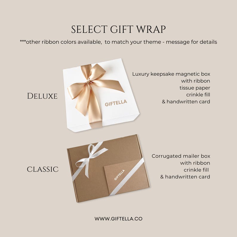 Puede incluir: Una gu&iacute;a de selecci&oacute;n de envoltorio para regalo con dos opciones: una caja magn&eacute;tica blanca con lazo dorado etiquetada como Deluxe, y una caja de cart&oacute;n corrugado marr&oacute;n con lazo blanco etiquetada como Classic. Texto: SELECT GIFT WRAP y WWW.GIFTELLA.CO.