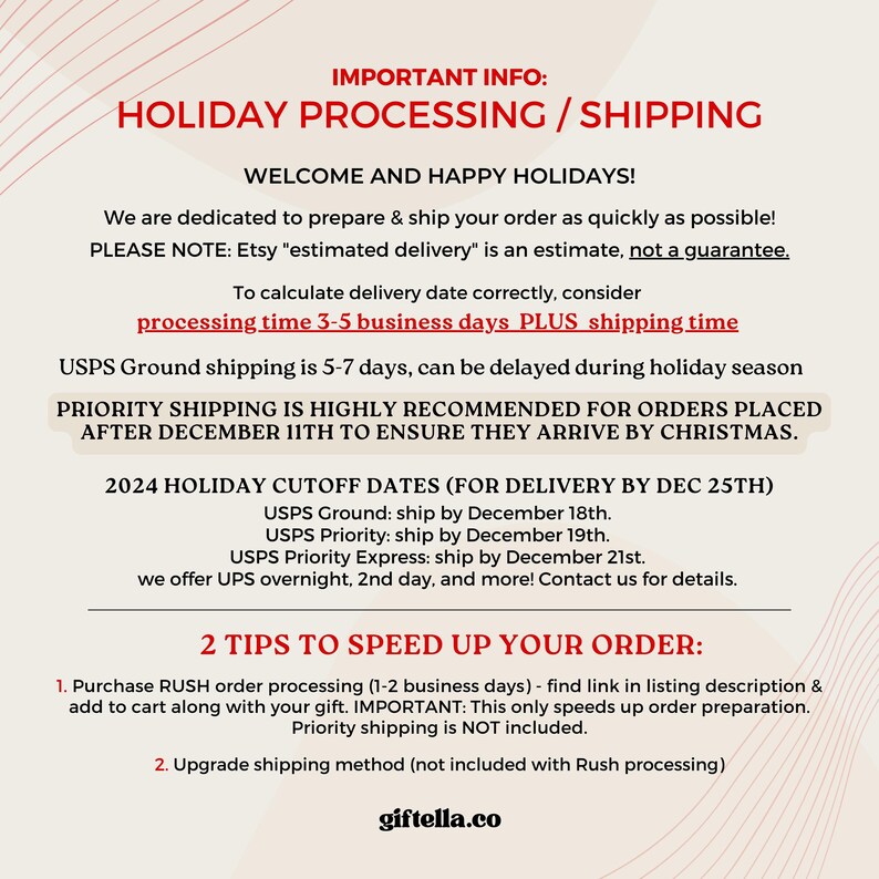 May include: Important information about holiday processing and shipping for Etsy orders. The text includes information about processing time, shipping deadlines, and tips to speed up order processing. The text also includes the website address giftella.co.