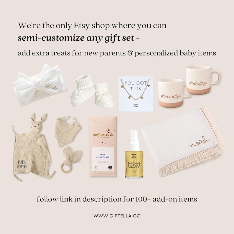 May include: A collection of baby items and gifts, including a headband, booties, a necklace, mugs, a blanket, a stuffed animal, a teether, chocolate, and a spray bottle. The text says "We're the only Etsy shop where you can semi-customize any gift set."