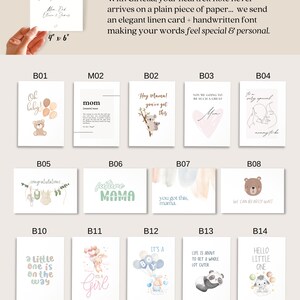 Puede incluir: Una colecci&oacute;n de catorce tarjetas de felicitaci&oacute;n rectangulares con diversas ilustraciones y textos, incluyendo Oh baby, mom, Hey Mama, you got this, congratulations, future MAMA, we can bearly wait, a little one is on the way, it's a girl, it's a boy, life is about to get a whole lot cuter y hello little one.