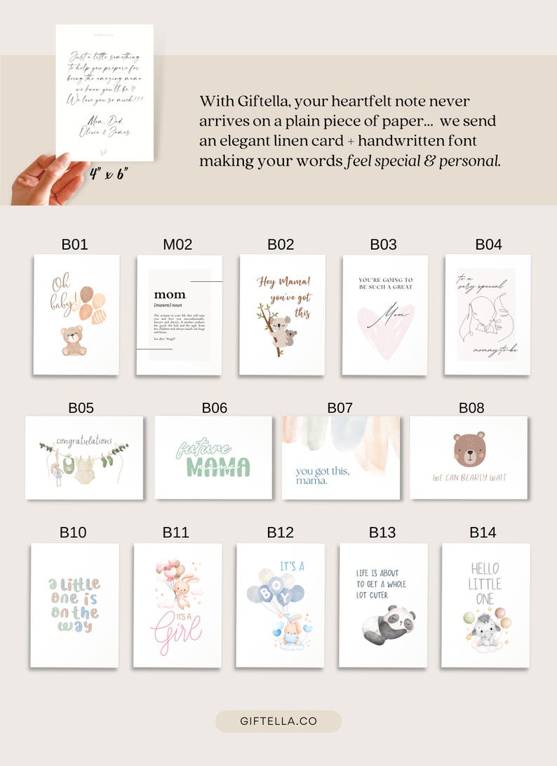 Puede incluir: Una colecci&oacute;n de catorce tarjetas de felicitaci&oacute;n rectangulares con diversas ilustraciones y textos, incluyendo Oh baby, mom, Hey Mama, you got this, congratulations, future MAMA, we can bearly wait, a little one is on the way, it's a girl, it's a boy, life is about to get a whole lot cuter y hello little one.