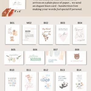 Puede incluir: Una colecci&oacute;n de catorce tarjetas de felicitaci&oacute;n rectangulares con diversas ilustraciones y textos, incluyendo Oh baby, mom, Hey Mama, you got this, congratulations, future MAMA, we can bearly wait, a little one is on the way, it's a girl, it's a boy, life is about to get a whole lot cuter y hello little one.