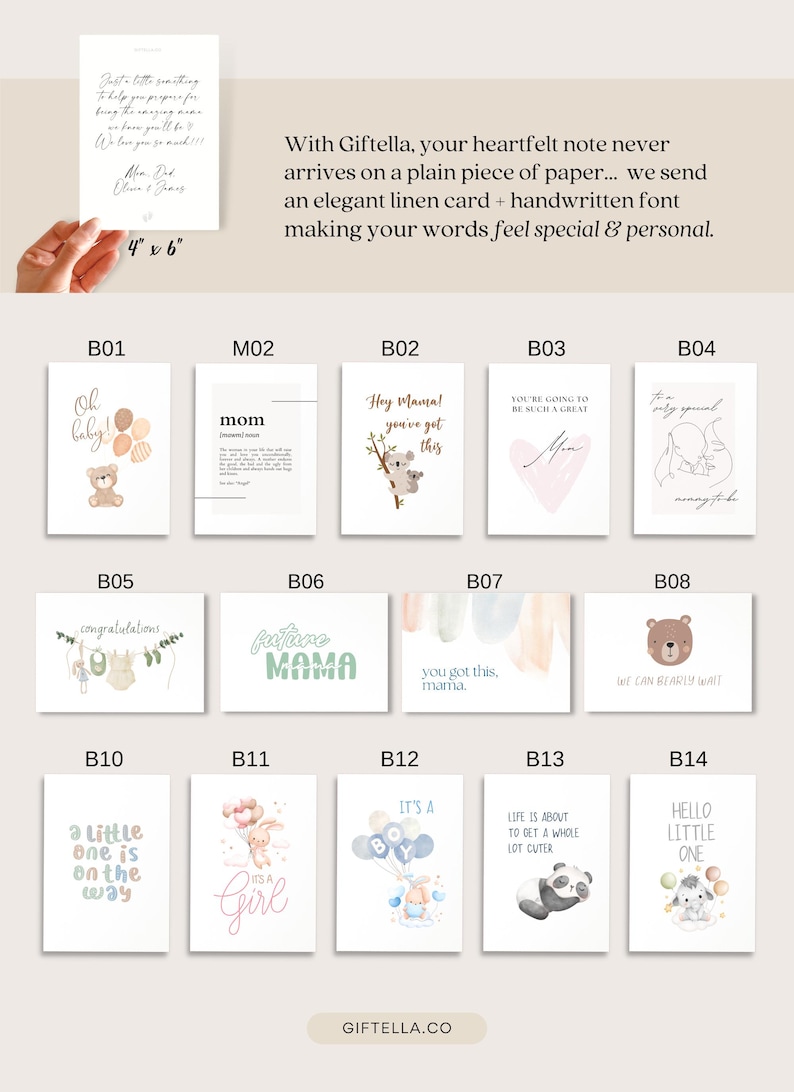 Puede incluir: Una colecci&oacute;n de catorce tarjetas de felicitaci&oacute;n rectangulares con diversas ilustraciones y textos, incluyendo Oh baby, mom, Hey Mama, you got this, congratulations, future MAMA, we can bearly wait, a little one is on the way, it's a girl, it's a boy, life is about to get a whole lot cuter y hello little one.