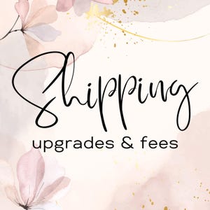 May include: A graphic with a watercolor background in shades of pink and gold. The text "Shipping upgrades & fees" is written in black cursive.