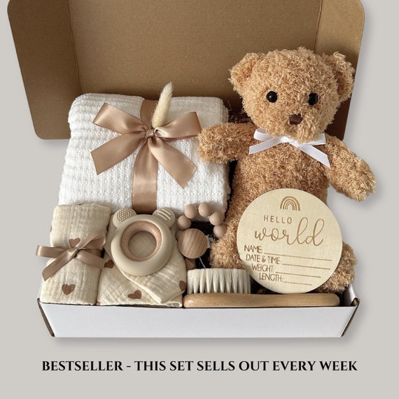 New Baby Gift Box Baby Shower Newborn Basket, Expectant Mom Dad Gift, First Pregnancy Congrats New Parents Gender Reveal Teddy Bear Set Kit