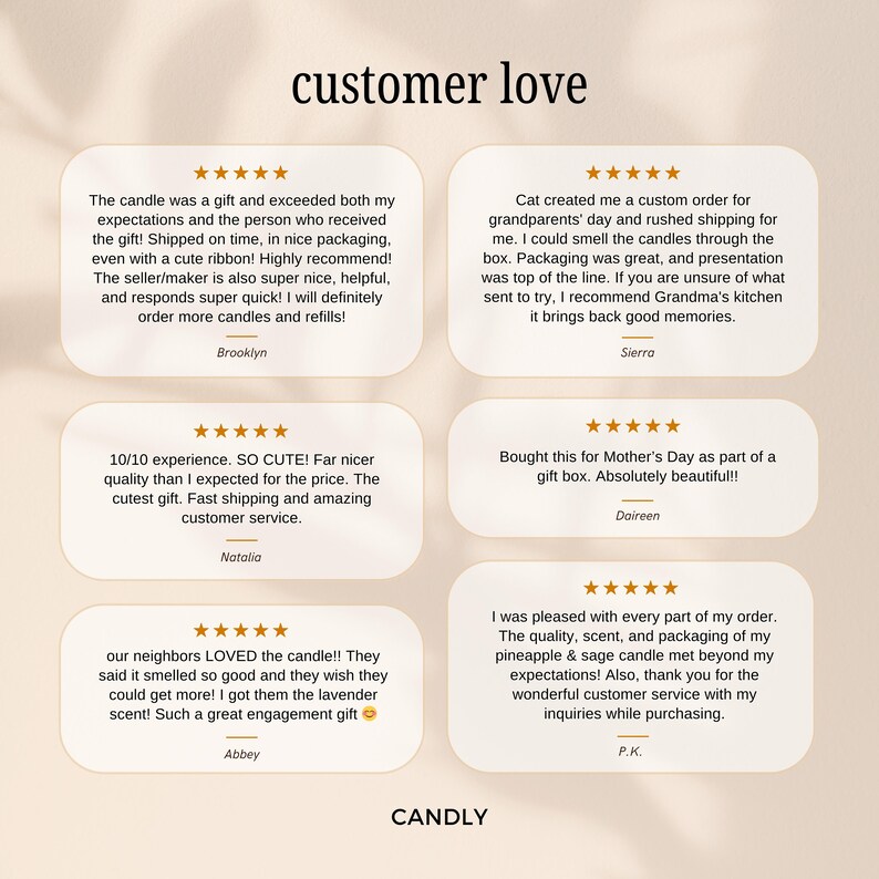 May include: Customer reviews for a candle company called CANDLY. The reviews are positive and highlight the quality, scent, and customer service. The reviews are displayed on a light brown background with a white border.