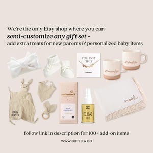 May include: A gift set featuring a white bow headband, white knit baby booties, a card with a necklace, two ceramic mugs labeled #momlife and #dadlife, a beige baby security blanket, a bib, milk chocolate, and a anti-stretchmark nourishing belly oil bottle.