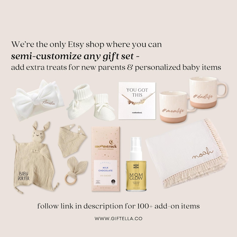 May include: A gift set featuring a white bow headband, white knit baby booties, a card with a necklace, two ceramic mugs labeled #momlife and #dadlife, a beige baby security blanket, a bib, milk chocolate, and a anti-stretchmark nourishing belly oil bottle.