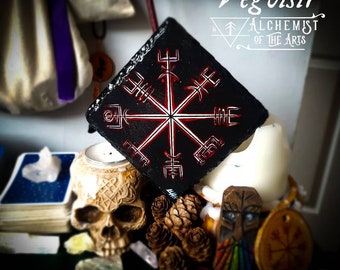 Vegvisir, Helm of Awe Hand Painted Slate Coaster - Viking Altar Art