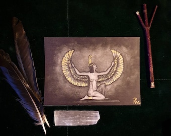 May include: A black and white drawing of a woman with golden wings. The woman is kneeling with her arms outstretched. The drawing is on a dark background.
