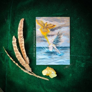 Fylgja II - Flight of the Falcon Bindrune Altar Card, Viking Art Print