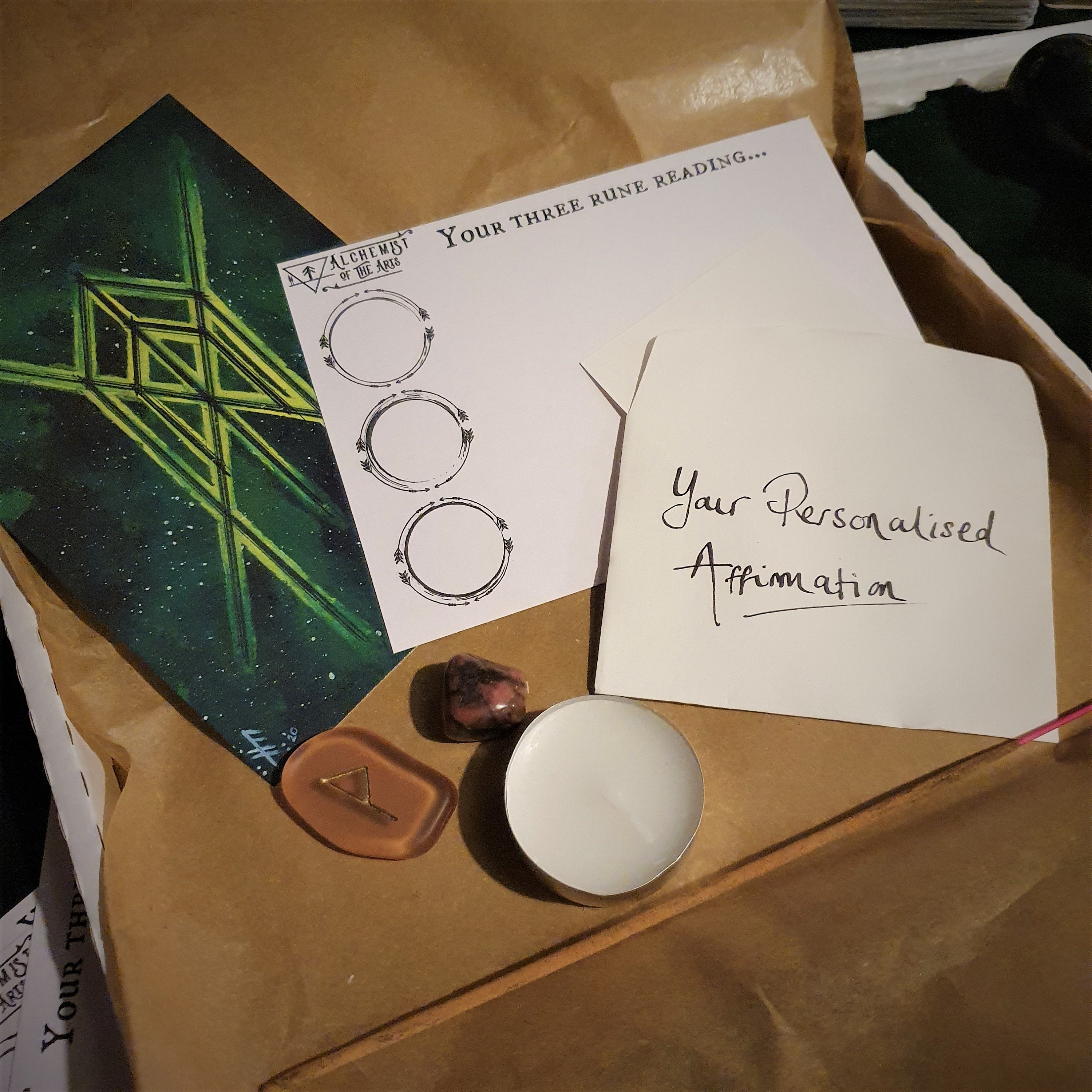 3 Rune Reading, Altar Card & Personalised Affirmation Giftbox, Rune
