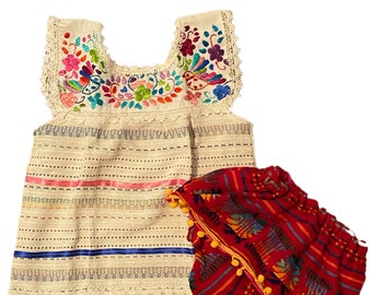 Camisa de bebé/niño bordada a mano con bloomers. Traje de primera cumpleaños de la niña. Traje mexicano para bebés/niños pequeños.
