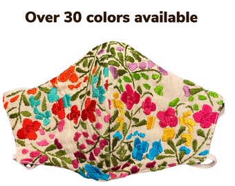 Hand Embroidered floral face mask with nose wire and pocket for filter. Washable artisan face mask. Floral face mask. Unique gift for her.