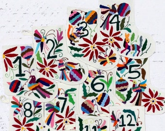 Otomi advent calendar mini stockings. Hand embroidered stockings. Otomi Holiday Stockings.